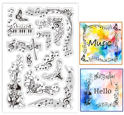 GLOBLELAND Transparente Stempel für Musiknoten, Klavier, Violine, Spitze, Silikon, Schmetterling, Musik, transparente Stempel für DIY, Scrapbooking, Karten, Fotoalbum, Tagebuch, 16 x 11 cm