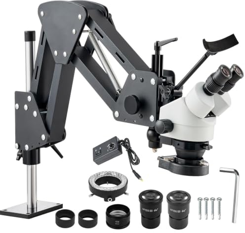GEMKIT Professionelles Schmuckmikroskop mit Federarm und Universalhalterung, 7–45X kontinuierlicher Zoom, großaperturiges Kupferobjektiv, 95–300 mm Arbeitsabstand, Weitwinkel-Stereo-Mikroskop
