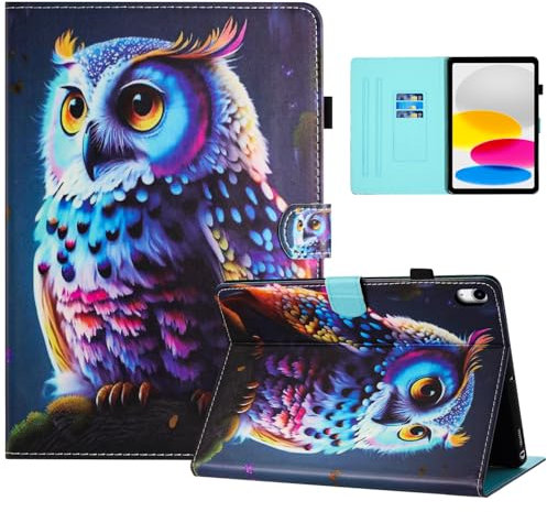 Auslbin Buntes PU Hülle für iPad 10th Generation 2022 10.9 Zoll, Schönes Muster, Flip iPad (2022)/A2757 Tablet Hülle mit Ständer, Geeignet für Filme, Video-Chats, Eule