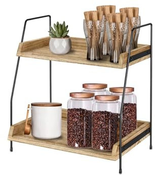 2 Tier Coffee Station Organizer for Countertop Coffee Bar Accessories and Organizer, Wooden Kitchen Counter Shelf Coffee Condiment Storage for Bathroom, Kitchen, Coffee Bar, Holiday Decorations