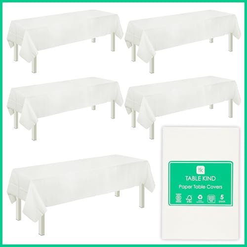 Table Kind 5 x Nappe Jetable en Papier Blanc Uni pour Fête d'anniversaire Mariage Traiteur Restaurant Anniversaire 180 x 120 CM