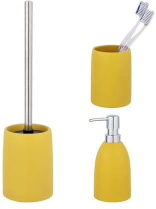 Schöner Wohnen Kollektion Bad-Accessoire Set Mod. FUNO 3-teilig aus hochwertiger Keramik in sonnigem Gelb inkl. WC-Garnitur Seifenspender Zahnputzbecher Maße 39,5 cm x 10 cm