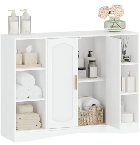 HEXCELEN Meuble de Salle de Bain, Meuble de Rangement, Placard Rangement avec 2 Portes, Armoire de Salle de Bain, Étagères Réglables, Compartiment Ouvert, Armoire Basse, Salon, Blanc, 30 × 100 × 75 cm