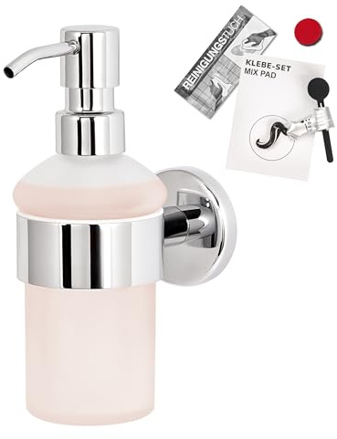 bremermann Bad-Serie LUCENTE - Seifenspender inkl. Klebeset und Wandhalterung, 200 ml Fassungsvermögen - nachfüllbarer Flüssigseifenspender, Soap Dispenser aus satiniertem Glas und Edelstahl, verchrom