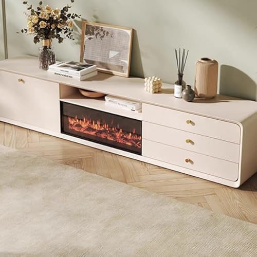 Kamin-TV-Ständer, Massivholz-Kamin-TV-Tisch, luxuriöser Schrank, simuliert Flammen, Moderne Wohnzimmermöbel Elektrischer Kamin(Weiß)