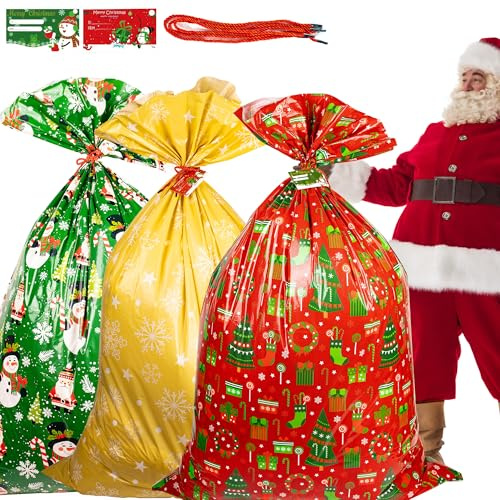3 Stück Extra Große Geschenktüten Weihnachten, Folien Weihnachtstüten Zum Befüllen Groß XXl Geschenkbeutel Wiederverwendbare (91x142 cm) Weihnachtssäcke für Weihnachtsfeiern (Rot/Grün/Gold)