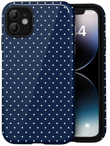 Amzfield Compatible with iPhone 12/12 Pro Case, Cute Small Polka Dot Aesthetic Retro Design for Women Girls Fall Simple Chic Girly Pretty Dual Layer Hybrid Protection Elegant Case, Navy Blue