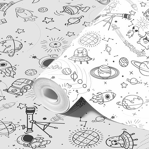 XUHAO7 Astronaut Planets Rockets Space Coloring Wallpaper for Kids, 15.7 X 118 Peel and Stick Removable Waterproof Wall Decor Space Decals for Boys Room Bedroom Nursery Classroom (Black and White)