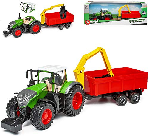 alles-meine.de GmbH Fendt 1000 Vario 1050 Traktor Grün mit Anhänger mit Greifarm und Schwungradmotor Ab 2015 1/43 Burago Modell Auto mit individiuellem Wunschkennzeichen