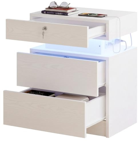 IRONCK Nachttisch Nachtschrank mit versteckter Schublade, Weiß | Nightstand mit 3 Schubladen, USB+Typ-C Anschlussen, LED-Beleuchtung, Modern Beistelltisch für Schlafzimmer, Wohnzimmer