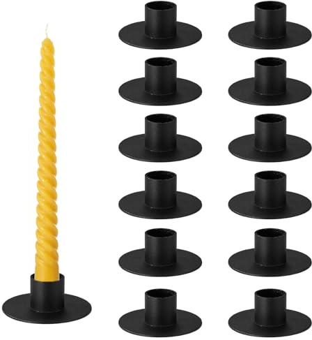 12pcs Iron Mini Taper Candle Holders for 1/2 Inch Candles, Small Metal Tapered Candlestick Stand Accessories for Chime Spell Church Altar Ritual Wedding Party Centerpiece Home Decor & Gift (Black)