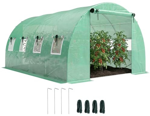 Outsunny Gewächshaus ca. 4 x 3 x 2 m mit Rollbar 2 Reißverschlusstür Grün | Foliengewächshaus, 8 Netzfenster, Stützstangen, Verlängerte Kanten, UV-Beständig, Folientunnel, Winterfest Tomatenhaus