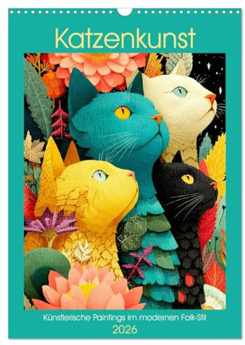 Katzenkunst. Künstlerische Paintings im modernen Folk-Stil (Wandkalender 2026 DIN A3 hoch), CALVENDO Monatskalender: Bezaubernde Katzen in farbenfrohen Blütenwelten (CALVENDO Kunst)