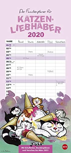 Jacob Familienplaner für Katzenliebhaber. Wandkalender 2020. Monatskalendarium. Spiralbindung. Format 21 x 45 cm