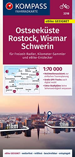 KOMPASS Fahrradkarte 3318 Ostseeküste, Rostock, Wismar, Schwerin 1:70.000: reiß- und wetterfest mit Extra Stadtplänen