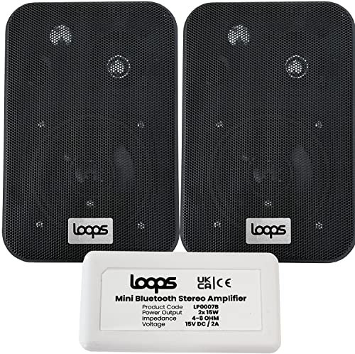 LoopsDirect - 2x 70W 4” Black Wall Mounted Bluetooth Speaker System & Amplifier Kit – HiFi Active Amp – Stream Wireless Audio Quality Music Home System – Indoor Speakers