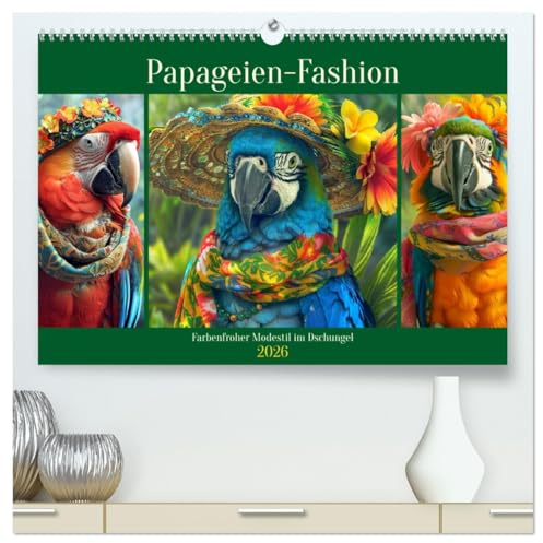 Papageien-Fashion. Farbenfroher Modestil im Dschungel (hochwertiger Premium Wandkalender 2026 DIN A2 quer), Kunstdruck in Hochglanz: Die bunte Extravaganz der gefiederten Schönheiten (CALVENDO Tiere)