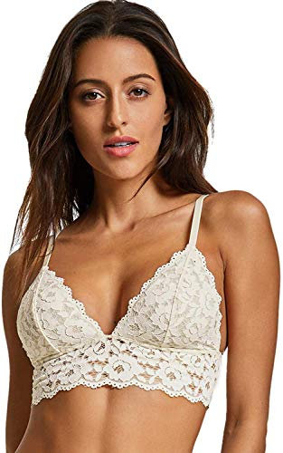 DOBREVA Women's Lace Padded Bralette Wireless Plunge Plus Size Longline Bra Ivory M