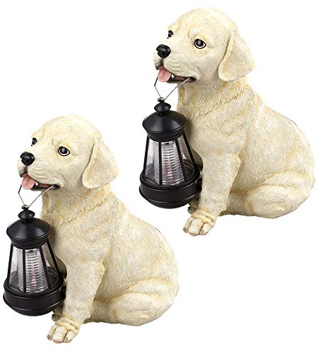 etc-shop LED Solar Hund Gartendeko Figur Solarleuchte Beige Höhe 25 cm 2er Set