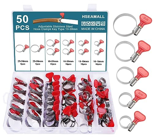 HSEAMALL 50 Piece Key Type Hose Clamp, Stainless Steel Adjustable Hose Clips,Pipe Clamp,Worm Gear Clamp