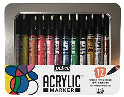 Pébéo Boite Metal Acrylic marker-12 marqueurs 1,2 mm, Coloris Assortis, 12 x 1,2 mm 201500