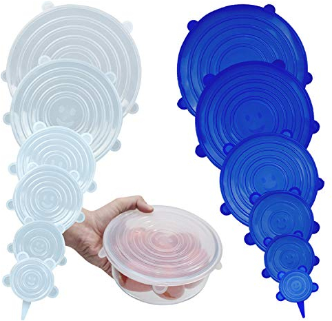 LAKEDO Silicone Stretch Lids – 12 Pack Bowl & Cup Covers, Microwave Can & Tin Lids – Round Shaped, White & Blue Color, 6 Sizes