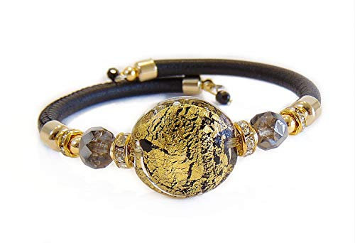 VENEZIA CLASSICA Damen-Armband aus Muranoglas mit Blattgold und Leder, Kollektion tuscany, Schwarz