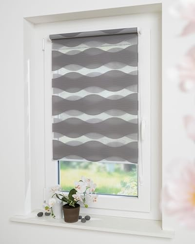 DECOLIA by Garesa Duo Rollo - Doppelrollo Klemmfix ohne Bohren 75 x 150 cm, Hellgrau Wellendesign - Fenster Sichtschutz und Lichtschutz, Mit Kettenzug