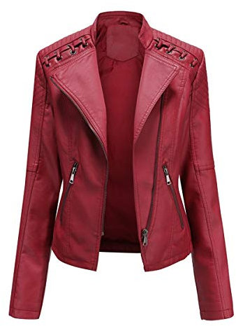 YYNUDA Lederjacke Damen Kurz Bikerjacke Reverskragen Motoradjacke Leder Jacke Übergangsjacke für Frühling Herbst(Rot XXL)