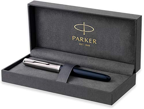 Parker 51 Füller | Nachtblauer Schaft mit Chromfarbenen Zierteilen | Füllfederhalter mit mittlerer Feder und schwarzer Tintenpatrone | Geschenkbox