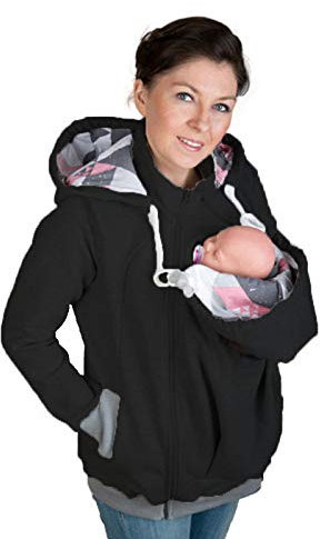 Damen Winter Warm Umstandsjacke 2 in 1 Polarfleece Känguru Tragejacke Sweatshirt,Schwarz,XXL