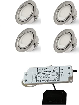 4er Set Rolux LED Einbauleuchte DF-9251b-2 matt-chrom 58mm Bohrloch 2,5W 12V warm-weiß ultra Flach inkl. Trafo und Zuleitung, Leuchtmittel austauschbar