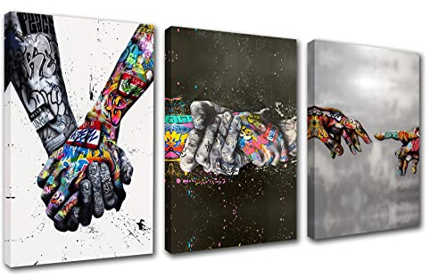Walarky Banksy Street Art Decor Graffiti-Gemälde für Schlafzimmer Versprechen Hände halten Bilder Nordics Kunstwerk 3 Stück Drucke auf Leinwand Adam Hand