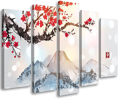 Feeby 5 pièces Impression sur Toile Intissé 150x100 cm Japon Cerisier en fleurs Montagnes Image Moderne Tableau Déco Mural Salle De Séjour Asie Kanji Oriental Est rose