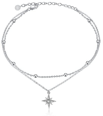 POPLYKE Bracelet de cheville mauvais œil pour femme en argent sterling 925 avec lune et étoile - Motif tortue de mer, pierre de lune et feuille verte, 8.5 inches, Argent sterling, Oxyde de zirconium