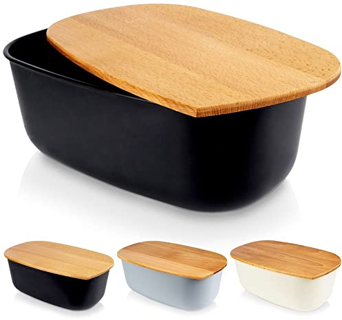 Vilde Boîte à pain avec planche en bois Noir 39 x 23,5 x 15,5 cm, (Schwarz)