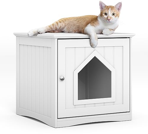 HAPPAWS Cat Litter Box Enclosure Furniture, Modern Cat Box Furniture Hidden, Sturdy Wooden Night Stand & Cat House Side Table, Easy Assembly, Fit Most of Litter Box, White