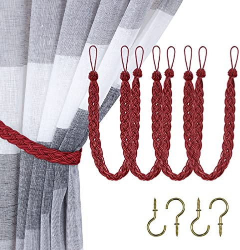 Home Queen Handgeflochtener Vorhang-Raffhalter, Schnallenhalter, Vorhang-Raffhalter, 4 Seilgürtel, Vorhang-Krawatte mit 4 Metallhaken, Rot