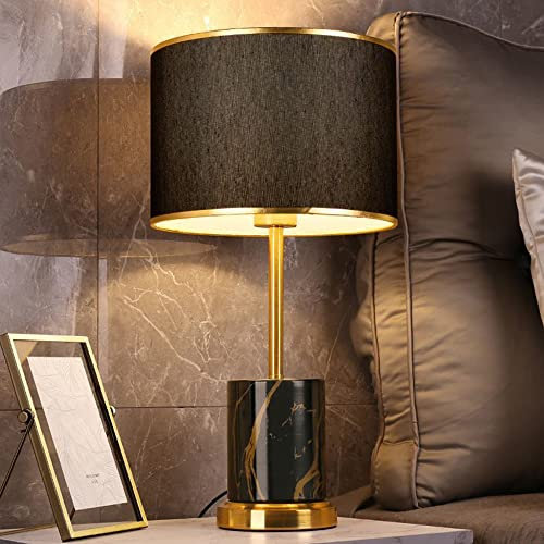 Tischlampe, Stoffschirm, E27, Nachttischlampe Tischleuchte minimalistisch Nachttischlampe aus Metall Lampenschirm Wohnzimmerlampe Stoff kreativ nordisch, H x D: 48 x 25 cm, schwarz/Weiß (Schwarz)