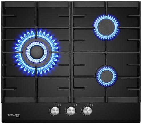 GASLAND GH603BF Glas Gaskochfeld mit Wok Brenner 3 Flammig, Gas Einbau Gaskochfeld, 60 cm Schwarz Glasherd, Butan Gas Kochfeld 6200 Watt, LPG/Erdgas