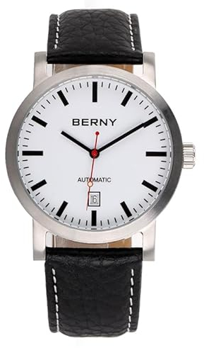 BERNY Mechanische Uhr für Männer Automatikwerk ST1612 50M wasserdichte Kalender Fenster Business Classic Herren Armbanduhr Ausstellung Rückabdeckung Weiß