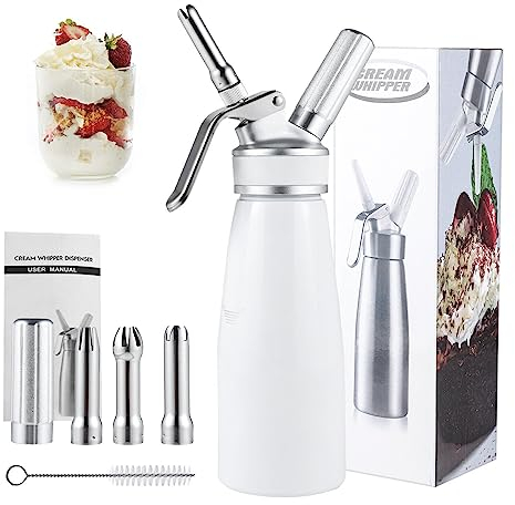 Youyijia 0,5L Sahnespender Sahnebereiter Sahnesyphon mit Zubehörteilen Sahnesyphon Weiß für die Zubereitung von Schlagsahne, Creme, Mousse und Desserts