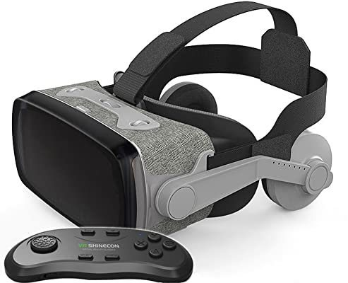 VR Brille Virtual Reality Headset mit Fernbedienung für 3D VR Filme & VR Spiele einstellbares Pupillen Anti Bluelight Augenpflegesystem VR Brille für Android & iOS Smartphones (Schwarz) (E)