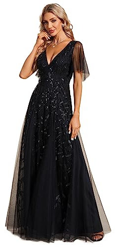 Ever-Pretty Women's V Neck Short Sleeve Elegant Floor Length A Line Long Tulle Evening Dresses Black 12UK