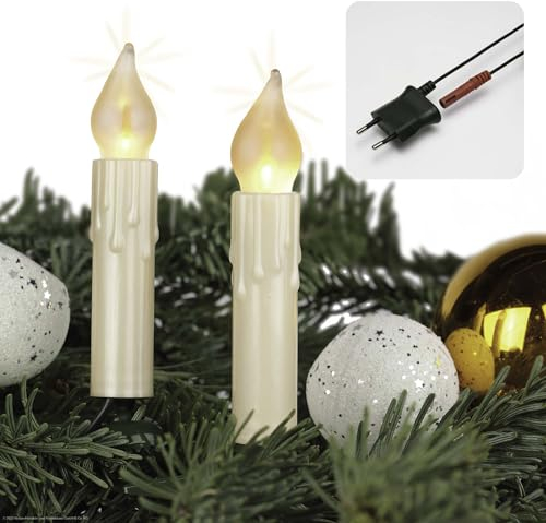 hellum LED Lichterkette Weihnachtsbaum mit Wachstropfen Made-in-Germany, Tannenbaum Lichterkette mit Clip, 30 LED, beleuchtet 20,3m, Kabel grün Schaft elfenbein, für innen mit teilbarem Stecker 815092