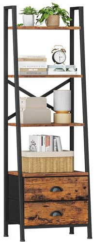 Furologee Estantería de escalera de 4 niveles, estantería pequeña con 2 cajones, organizador vertical de almacenamiento, estantería rústica para sala de estar, dormitorio, baño, oficina en casa,