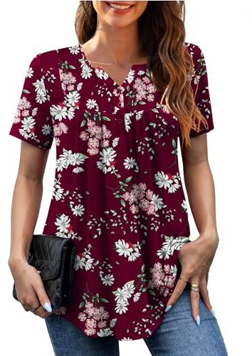 GingDin Ladies Tops Plus Size Summer Tunic Short Sleeve Henley V Neck Shirt and Blouse for Women Party Top Fashion Trendy Clothes Red Tops Size 24