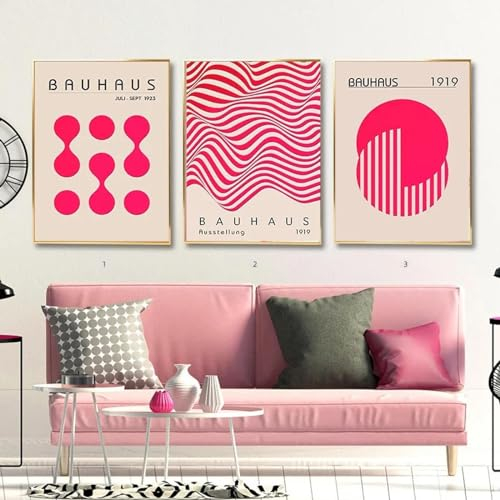 KemneT Rosa Bauhaus-Linienmuster-Poster und Kunstdrucke abstrakte nordische Leinwandbild Wand Bilder moderne Bilder Wohnzimmer Inneneinrichtung Heimdekoration 40 x 60 cm x 3 ungerahmt