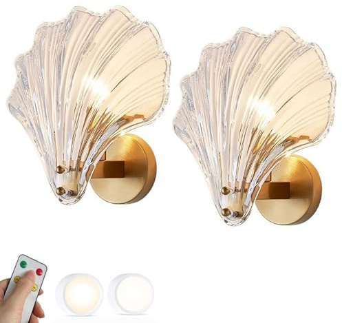 SWEMOPP Ensemble de 2 appliques murales en verre transparent à piles, applique murale sans fil rechargeable par USB, style nordique moderne, avec télécommande, coquillage doré, lampe murale sans fil c