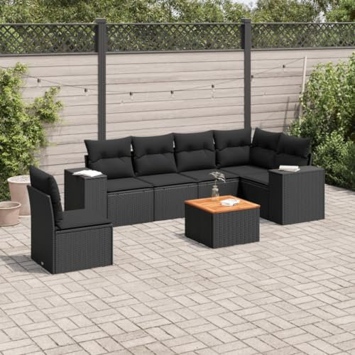 ULUYYUC 7-TLG. Garten-Sofagarnitur, Eckbankgruppe Eckbank Küche Fußhocker Stehtisch Geeignet für Garten Außenbereich Hinterhof Balkon mit Kissen Schwarz Poly Rattan